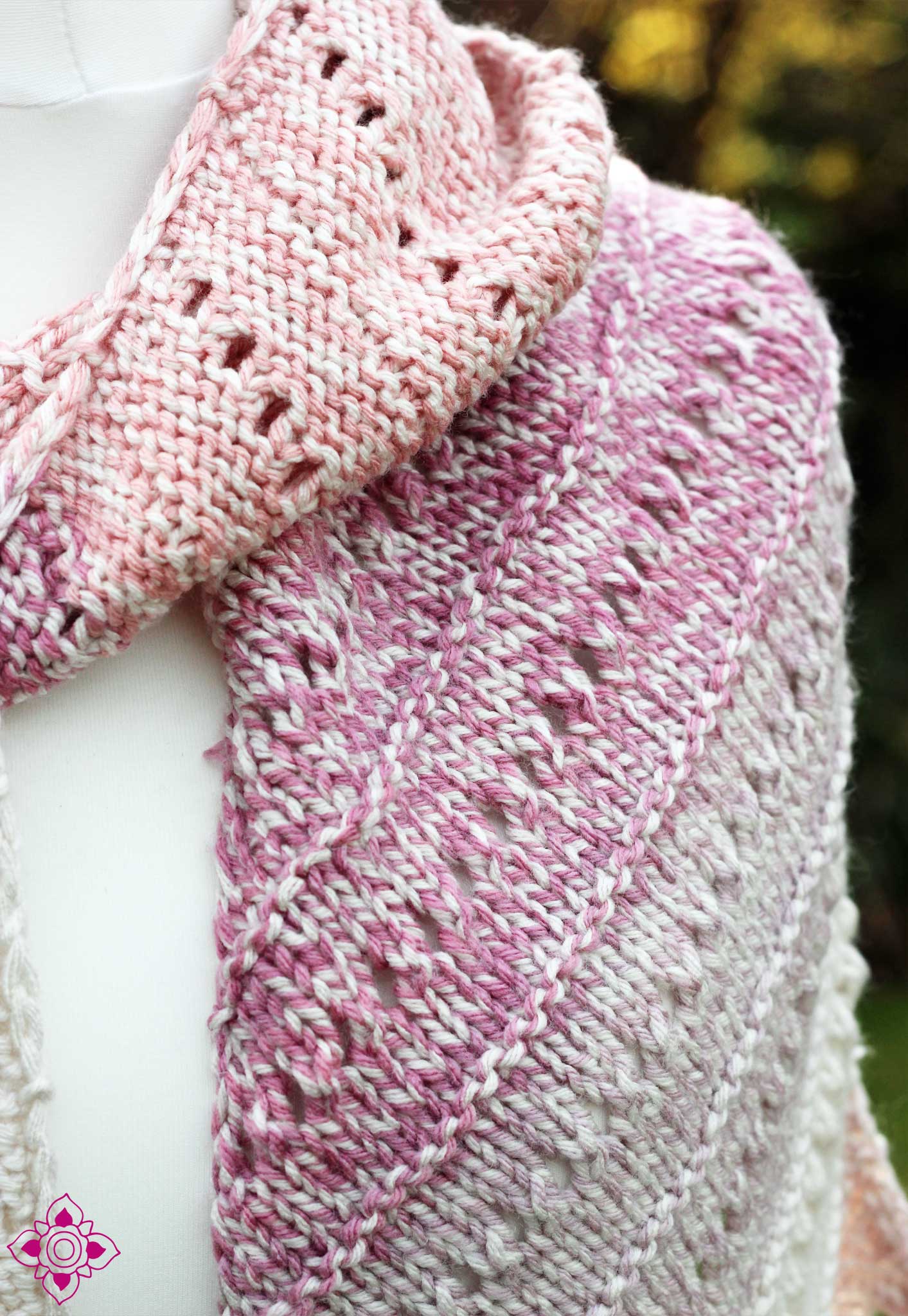 Carlotta Hand-Knitted Pink and White Asymetrical Scarf with Fringe