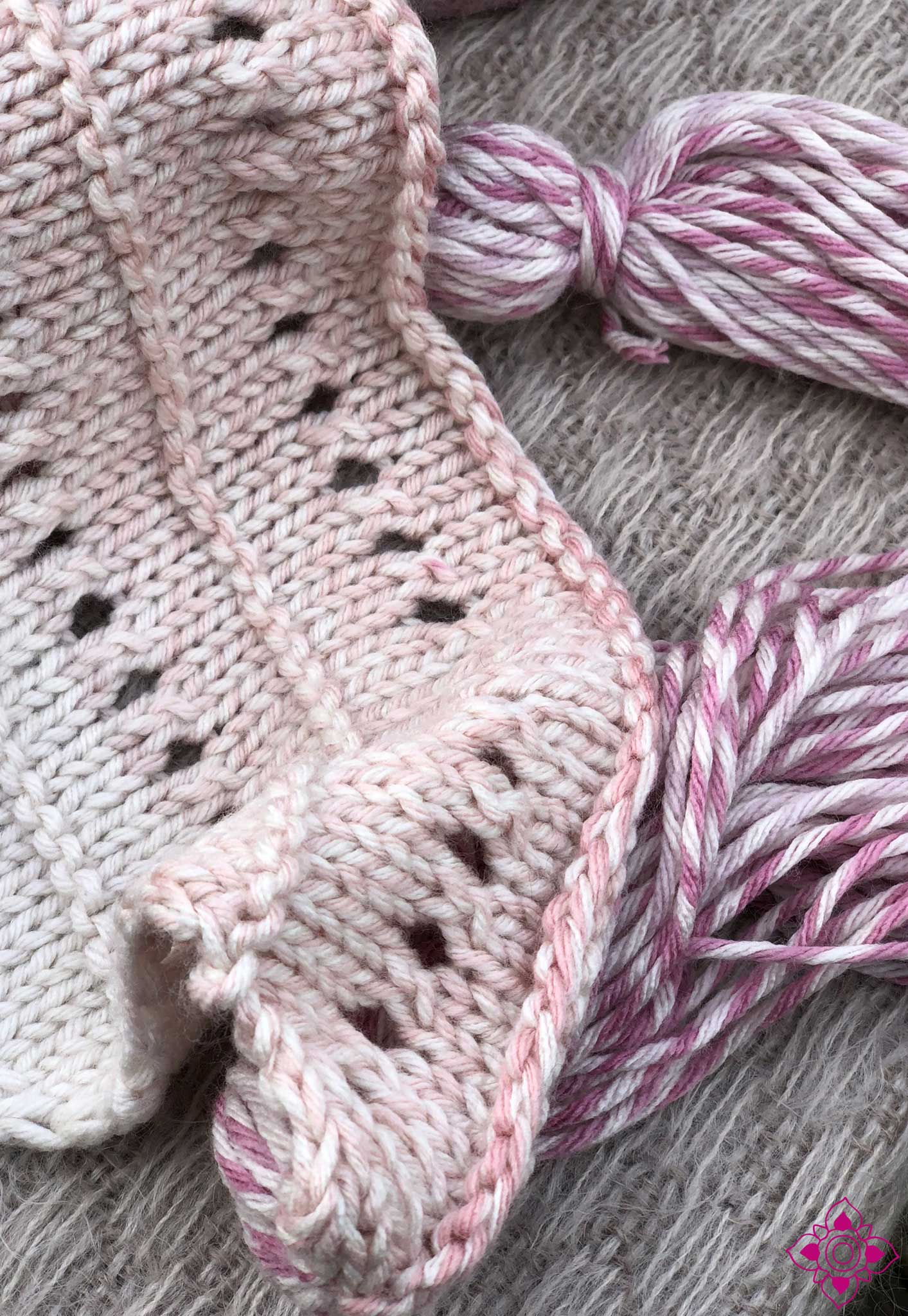 Carlotta Hand-Knitted Pink and White Asymetrical Scarf with Fringe
