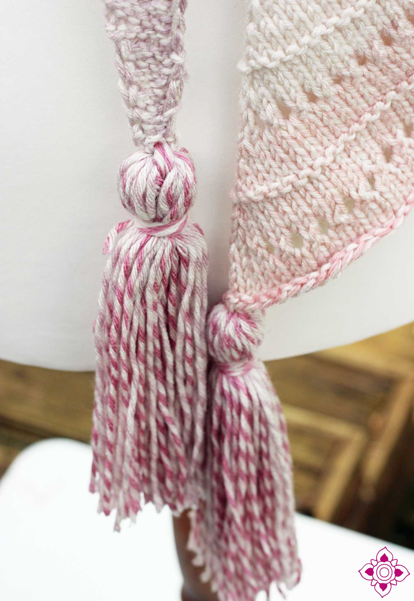 Carlotta Hand-Knitted Pink and White Asymetrical Scarf with Fringe