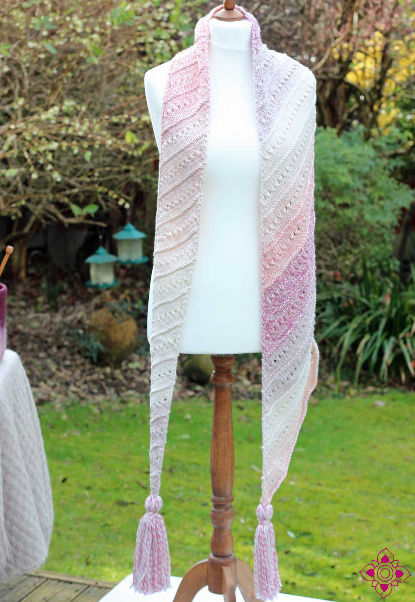 Carlotta Hand-Knitted Pink and White Asymetrical Scarf with Fringe
