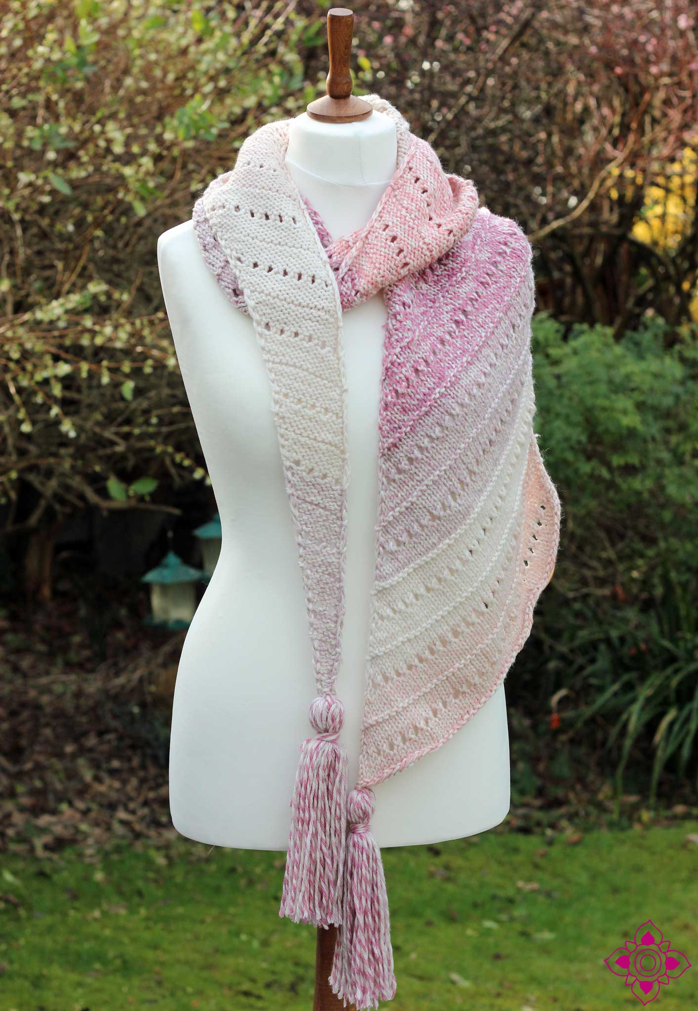 Carlotta Hand-Knitted Pink and White Asymetrical Scarf with Fringe
